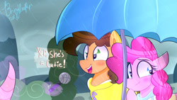 Size: 1920x1080 | Tagged: safe, artist:lynchristina, imported from derpibooru, cheese sandwich, pinkie pie, earth pony, pony, cheesepie, female, glowing horn, heart eyes, male, mare, microphone, offscreen character, shipping, special feeling, stallion, straight, umbrella, wingding eyes