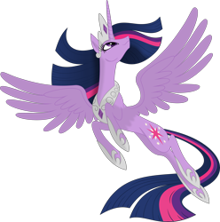 Size: 5176x5228 | Tagged: safe, artist:kopcap94, artist:lauren faust, color edit, edit, imported from derpibooru, vector edit, twilight sparkle, alicorn, pony, absurd resolution, colored, crown, cutie mark, female, flying, hilarious in hindsight, hoof shoes, jewelry, long tail, looking up, mare, older, older twilight, princess shoes, princess twilight 2.0, regalia, simple background, slim, solo, spread wings, tail, tall, transparent background, twilight sparkle (alicorn), ultimate twilight, vector, wings
