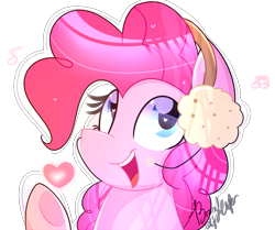Size: 1289x1080 | Tagged: safe, artist:lynchristina, imported from derpibooru, pinkie pie, pony, earmuffs, female, heart, heart eyes, mare, music notes, simple background, solo, transparent background, wingding eyes