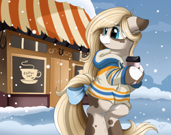 Size: 2030x1608 | Tagged: safe, artist:pridark, imported from derpibooru, oc, oc only, pony, bipedal, building, cafe, cappuccino, clothes, commission, cup, looking back, scenery, snow, solo