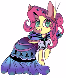 Size: 600x700 | Tagged: safe, artist:sansdy, imported from derpibooru, fluttershy, pegasus, pony, clothes, dress, female, folded wings, hair ornament, head turn, looking at you, mare, open mouth, raised hoof, simple background, smiling, solo, turned head, white background