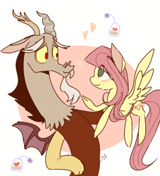 Size: 900x991 | Tagged: safe, artist:sansdy, imported from derpibooru, discord, fluttershy, draconequus, pegasus, pony, discordant harmony, blushing, discoshy, female, ginseng teabags, heart, looking at each other, male, mare, shipping, smiling, spread wings, straight, teabag, wings