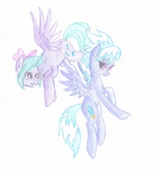 Size: 542x604 | Tagged: safe, artist:pony-paint, imported from derpibooru, cloudchaser, flitter, pegasus, pony, bow, duo, female, flying, hair bow, mare, simple background, sisters, traditional art, white background