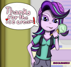 Size: 1613x1522 | Tagged: safe, artist:fandomfanatico, imported from derpibooru, starlight glimmer, equestria girls, mirror magic, spoiler:eqg specials, beanie, clothes, female, food, hat, ice cream, solo, speech, that human sure does love ice cream