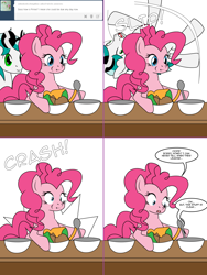 Size: 1204x1604 | Tagged: safe, artist:dekomaru, imported from derpibooru, pinkie pie, oc, oc:dazzle, earth pony, pony, tumblr:ask twixie, ask, canon x oc, comic, female, food, ice cream, implied labor, male, misspelling, slipping, solo, straight, tumblr