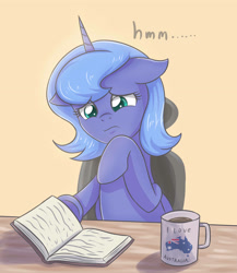 Size: 3377x3896 | Tagged: safe, artist:sumin6301, imported from derpibooru, princess luna, alicorn, pony, book, chair, coffee, cup, female, mare, morning ponies, reading, sitting, solo, thinking, underhoof, younger