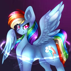 Size: 1774x1774 | Tagged: safe, artist:felicitydraws, imported from derpibooru, rainbow dash, pegasus, pony, backwards cutie mark, big ears, ear fluff, female, gradient background, looking at you, magic, mare, shiny, smiling, smirk, solo, spread wings, wings