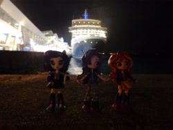 Size: 4608x3456 | Tagged: safe, imported from derpibooru, rarity, starlight glimmer, sunset shimmer, equestria girls, cruise ship, doll, equestria girls minis, irl, night, photo, singapore, toy