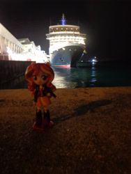 Size: 3456x4608 | Tagged: safe, imported from derpibooru, sunset shimmer, equestria girls, cruise ship, doll, equestria girls minis, eqventures of the minis, female, irl, night, photo, singapore, toy