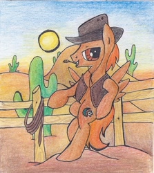 Size: 538x604 | Tagged: safe, artist:pony-paint, imported from derpibooru, oc, oc only, oc:calamity, pegasus, pony, fallout equestria, bipedal, bipedal leaning, cactus, clothes, cutie mark, desert, fence, hat, leaning, male, solo, stallion, vest, wrong cutie mark
