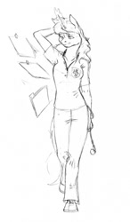 Size: 800x1373 | Tagged: safe, artist:baron engel, imported from derpibooru, oc, oc only, oc:nurse haywick, anthro, unicorn, grayscale, magic, monochrome, solo