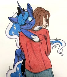 Size: 2495x2847 | Tagged: safe, artist:ameliacostanza, imported from derpibooru, princess luna, alicorn, human, pony, blushing, bucky barnes, commission, crossover, eyes closed, hug, smiling, traditional art, winter soldier