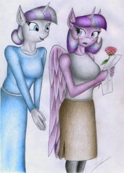 Size: 1493x2074 | Tagged: safe, artist:sinaherib, imported from derpibooru, twilight sparkle, twilight velvet, alicorn, anthro, unicorn, clothes, female, flower, implied flashlight, implied shipping, implied straight, letter, looking back, mother and daughter, pantyhose, rose, simple background, skirt, smiling, story in the comments, tanktop, traditional art, twilight sparkle (alicorn)