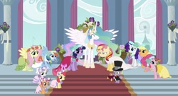 Size: 2048x1111 | Tagged: safe, deleted from derpibooru, editor:php77, imported from derpibooru, apple bloom, applejack, fluttershy, pinkie pie, princess celestia, rainbow dash, rarity, scootaloo, spike, sunset shimmer, sweetie belle, twilight sparkle, alicorn, alternate clothes, alternate costumes, clothes, cutie mark crusaders, dress, eyes closed, faic, female, happy, hat, lesbian, mane six, marriage, ring, shipping, smiling, smirk, sunsetsparkle, top hat, tuxedo, twiface, twilight sparkle (alicorn), wedding, wedding dress, wedding ring