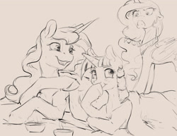 Size: 3300x2550 | Tagged: safe, artist:silfoe, imported from derpibooru, princess celestia, princess luna, twilight sparkle, alicorn, pony, unicorn, nomad au, alternate universe, blanket, celestia is not amused, female, grayscale, laughing, mare, monochrome, prone, raised hoof, royal multiverse, royal sisters, simple background, sisters, tan background, trio, unamused, unicorn twilight
