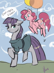 Size: 2000x2700 | Tagged: safe, artist:xjenn9, derpibooru exclusive, imported from derpibooru, maud pie, pinkie pie, earth pony, pony, balloon, cyrillic, duo, floating, russian, sketch, then watch her balloons lift her up to the sky, translated in the comments, vulgar