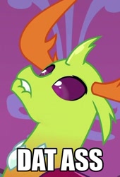 Size: 402x591 | Tagged: safe, edit, edited screencap, imported from derpibooru, screencap, thorax, changedling, changeling, school daze, bust, caption, cropped, dat butt, king thorax, lip bite, male, meme, portrait, solo