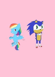 Size: 1364x1900 | Tagged: safe, artist:pumpkin-pie13, imported from derpibooru, rainbow dash, crossover, female, interspecies, male, ms paint, pink background, shipping, simple background, sonic boom, sonic the hedgehog, sonic the hedgehog (series), sonicdash, straight