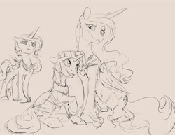 Size: 3300x2550 | Tagged: safe, artist:silfoe, imported from derpibooru, princess cadance, princess celestia, twilight sparkle, alicorn, pony, unicorn, nomad au, alternate universe, cadance is not amused, female, grayscale, horn, mare, monochrome, raised hoof, royal multiverse, royal sisters, tan background, trio, unamused, unicorn twilight, wings