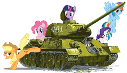 Size: 794x461 | Tagged: safe, artist:3luk, imported from derpibooru, applejack, fluttershy, pinkie pie, rainbow dash, rarity, twilight sparkle, pony, mane six, simple background, t-34, t-34/85, tank (vehicle), transparent background