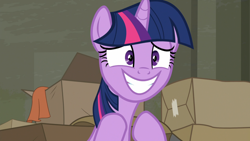 Size: 1280x720 | Tagged: safe, imported from derpibooru, screencap, twilight sparkle, alicorn, the saddle row review, adorkable, box, cute, dork, sheepish grin, twiabetes, twilight sparkle (alicorn)