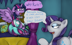 Size: 1600x1000 | Tagged: safe, artist:pavlovzdawg, imported from derpibooru, rarity, twilight sparkle, alicorn, pony, unicorn, school daze, dialogue, dock, female, jester dress, mare, raribitch, twilight sparkle (alicorn)