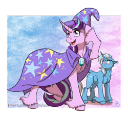 Size: 1024x963 | Tagged: safe, artist:inuhoshi-to-darkpen, imported from derpibooru, starlight glimmer, trixie, pony, unicorn, abstract background, blushing, cape, chest fluff, clothes, clothes swap, curved horn, duo, female, gradient background, hat, lesbian, mare, shipping, startrix, trixie's cape, trixie's hat, unshorn fetlocks