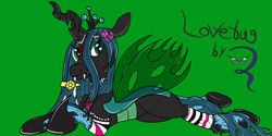 Size: 1600x800 | Tagged: safe, artist:pavlovzdawg, imported from derpibooru, queen chrysalis, changeling, changeling queen, crown, female, flower, flower in hair, green background, jewelry, looking at you, lying down, ponymania, regalia, simple background, solo