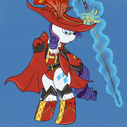 Size: 1200x1200 | Tagged: safe, artist:pavlovzdawg, imported from derpibooru, rarity, pony, unicorn, blue background, clothes, female, final fantasy, leotard, looking at you, mare, rapier, red mage, simple background, sword, weapon