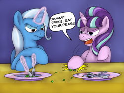 Size: 1600x1200 | Tagged: safe, artist:pavlovzdawg, imported from derpibooru, starlight glimmer, trixie, pony, unicorn, duo, female, food, fork, herbivore, mare, pea, plate, spoon