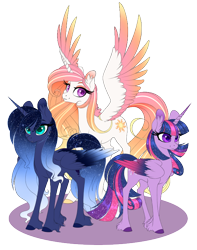 Size: 600x760 | Tagged: safe, alternate version, artist:peridotkitty, artist:silkensaddle, imported from derpibooru, princess celestia, princess luna, twilight sparkle, alicorn, pony, alternate color palette, colored hooves, colored wings, colored wingtips, ear fluff, ethereal mane, female, gradient wings, mare, multicolored wings, royal sisters, simple background, spread wings, starry mane, transparent background, trio, twilight sparkle (alicorn), unshorn fetlocks, wings