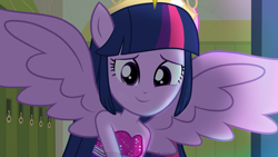 Size: 2035x1144 | Tagged: safe, artist:zoe-975, imported from derpibooru, twilight sparkle, alicorn, equestria girls, equestria girls (movie), bare shoulders, big crown thingy, clothes, crown, cute, dress, fall formal outfits, jewelry, looking at you, ponied up, regalia, sleeveless, spread wings, strapless, twiabetes, twilight sparkle (alicorn), wings