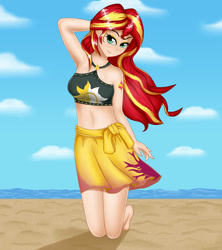 Size: 1600x1800 | Tagged: safe, artist:focusb, imported from derpibooru, sunset shimmer, human, equestria girls, equestria girls series, forgotten friendship, armpits, beach, belly button, explicit source, human coloration, humanized, midriff, sarong, sexy, smiling