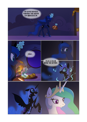 Size: 1024x1429 | Tagged: safe, artist:gashiboka, imported from derpibooru, nightmare moon, princess celestia, princess luna, alicorn, pony, comic:scar of solar, comic, female, fireplace, flashback, korean, magic, mare, nightmare moon glamour, prank, telekinesis, this will end in tears and/or a journey to the moon