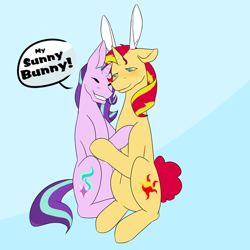 Size: 600x600 | Tagged: safe, artist:blacksky1113, artist:snows-undercover, imported from derpibooru, starlight glimmer, sunset shimmer, pony, unicorn, blushing, bunny ears, cute, duo, eyes closed, female, glimmerbetes, hug, lesbian, mare, shimmerbetes, shimmerglimmer, shipping, sunny bunny