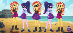 Size: 2304x1053 | Tagged: safe, imported from derpibooru, sci-twi, sunset shimmer, twilight sparkle, equestria girls, equestria girls series, beach, equestria girls logo, fashion photo booth, multeity, my little pony logo, shimmerstorm, triality, trio, twolight