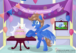 Size: 9246x6420 | Tagged: safe, artist:raspberrystudios, imported from derpibooru, oc, oc only, oc:midnight luna, alicorn, absurd resolution, alicorn oc, balloon, banner, big smile, cake, commission, food, party, shading