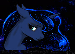 Size: 2400x1714 | Tagged: safe, artist:amarynceus, color edit, edit, imported from derpibooru, princess luna, alicorn, pony, bust, color, colored, female, mare, portrait, signature, solo, space, sparkles, text