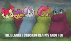 Size: 1107x644 | Tagged: safe, artist:nignogs, imported from derpibooru, apple bloom, babs seed, gabby, scootaloo, sweetie belle, earth pony, griffon, pegasus, pony, unicorn, /mlp/, 4chan, blanket, blushing, caption, comfy, cute, cutie mark crusaders, description is relevant, drawthread, female, filly, parody, request, sleeping bag, sleepy, smiling, yuru camp