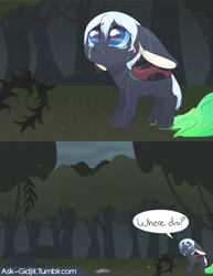 Size: 2550x3300 | Tagged: safe, artist:noodlefreak88, imported from derpibooru, oc, oc only, oc:gidjit, ladybug, pony, tumblr:ask-gidjit, comic, disguise, disguised changeling, everfree forest, rain, sad, solo, wet