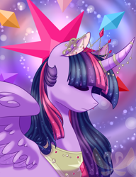 Size: 2000x2600 | Tagged: safe, artist:cloureed, imported from derpibooru, twilight sparkle, alicorn, pony, curved horn, eyes closed, female, horn jewelry, lightly watermarked, queen twilight, solo, twilight sparkle (alicorn), watermark