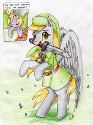 Size: 2271x3037 | Tagged: safe, artist:40kponyguy, derpibooru exclusive, imported from derpibooru, derpy hooves, dinky hooves, pegasus, pony, unicorn, bipedal, clothes, cosplay, costume, crossover, cute, derpabetes, dinkabetes, ear fluff, equestria's best daughter, equestria's best mother, eyes closed, female, filly, fourth wall, grass, looking at you, micro, mother and daughter, mouth hold, requested art, sword, talking to viewer, the legend of zelda, tiny ponies, traditional art, weapon