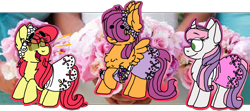 Size: 1136x504 | Tagged: safe, artist:latiapainting, imported from derpibooru, apple bloom, scootaloo, sweetie belle, chest fluff, clothes, cutie mark crusaders, dress, female, flower, marriage, redraw, toy, trio, wedding, wedding dress, wedding flower fillies