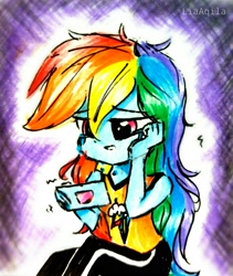 Size: 2322x2746 | Tagged: safe, artist:liaaqila, imported from derpibooru, rainbow dash, equestria girls, clothes, depression, female, pants, solo, traditional art