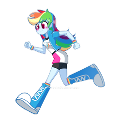 Size: 1024x1024 | Tagged: safe, artist:riouku, imported from derpibooru, rainbow dash, equestria girls, big feet, blushing, boots, clothes, commission, compression shorts, cute, female, fist, foot growth, looking down, moe, running, shorts, simple background, skirt, socks, solo, transparent background, wristband