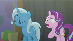 Size: 1280x720 | Tagged: safe, imported from derpibooru, screencap, starlight glimmer, trixie, pony, unicorn, no second prances, about to cry, arrogant, backstage, betrayed, careless, duo, eyes closed, faic, female, heartbreak, hoof on chest, jaw drop, mare, mistake, oops, sad, sadlight glimmer, shrunken pupils, sin of pride, smiling, smirk