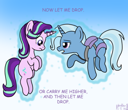 Size: 1000x864 | Tagged: safe, artist:phallen1, imported from derpibooru, starlight glimmer, trixie, floating, levitation, magic, parachute, self-levitation, telekinesis