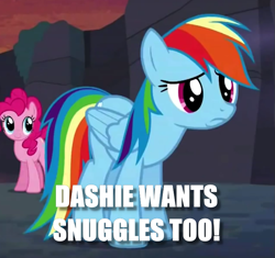 Size: 713x670 | Tagged: safe, edit, edited screencap, imported from derpibooru, screencap, rainbow dash, earth pony, pony, it ain't easy being breezies, duo, female, image macro, mare, meme, sad