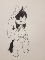 Size: 2867x3823 | Tagged: safe, artist:shpace, imported from derpibooru, oc, oc only, oc:floor bored, earth pony, pony, bipedal, black and white, clothes, female, grayscale, mare, monochrome, rpg, simple background, solo, traditional art