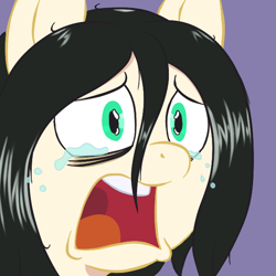 Size: 600x600 | Tagged: safe, artist:scraggleman, imported from derpibooru, oc, oc only, oc:floor bored, earth pony, pony, bags under eyes, bust, crying, female, mare, open mouth, purple background, reaction image, simple background, solo, teary eyes